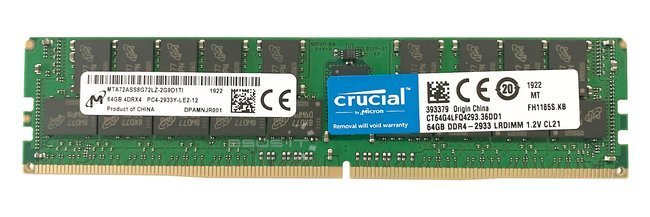 Memory RAM 1x 64GB Micron ECC LOAD REDUCED DDR4 4Rx4 2933MHz PC4-23400 LRDIMM | MTA72ASS8G72LZ-2G9